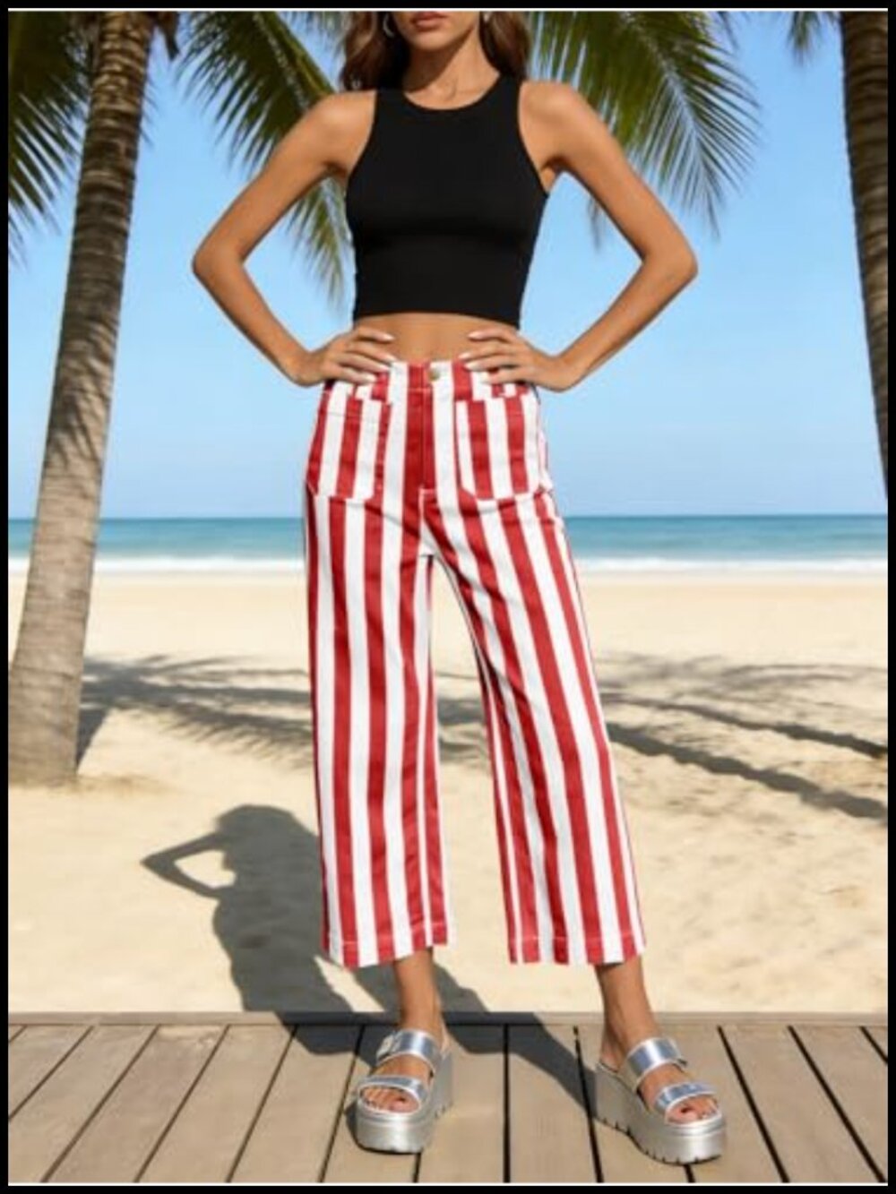 High Waisted Cropped Striped Denim Wide Leg Pants with Pockets - Picture 2 of 6